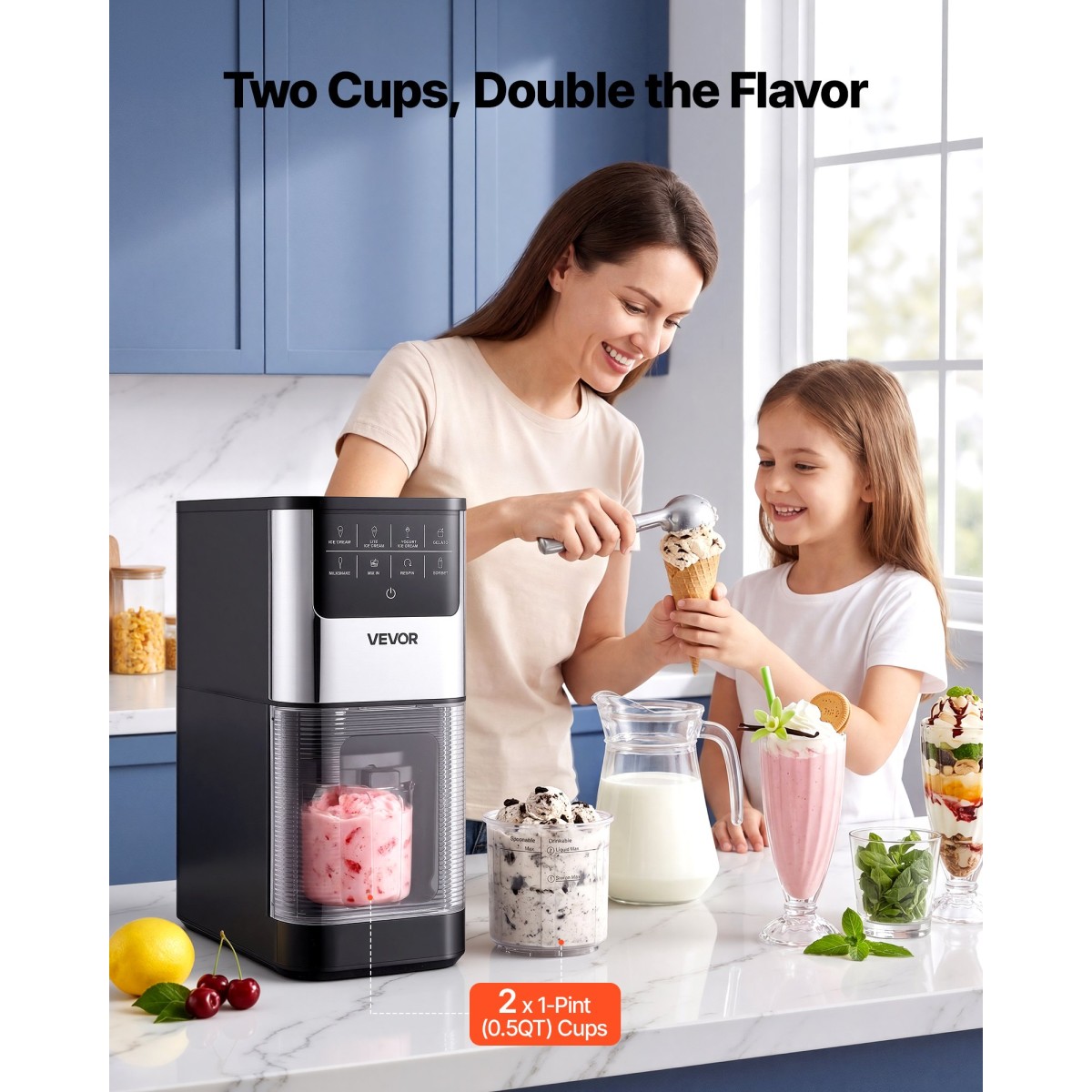 Ice Cream Maker VEVOR, 7-σε-1 Frozen Treat Maker για Gelato, Sorbet, Milkshake, Frozen Yogurt & Lite Ice Cream, Σπιτική παγωτομηχανή με ανάμειξη με ένα άγγιγμα + Respin για λεία, κρεμώδη υφή