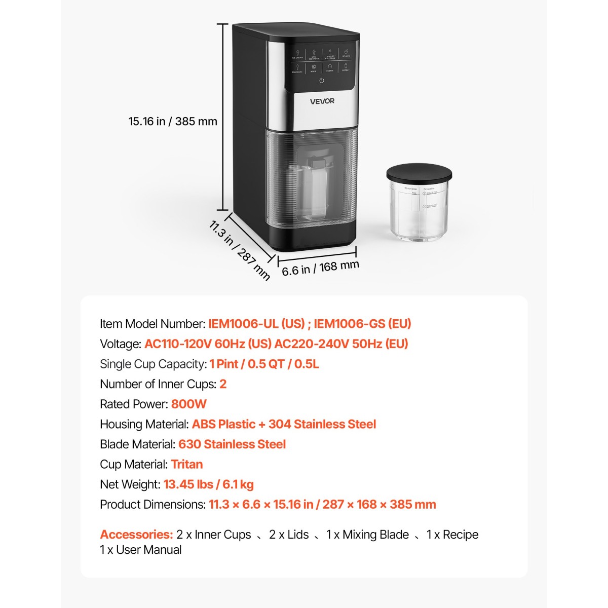Ice Cream Maker VEVOR, 7-σε-1 Frozen Treat Maker για Gelato, Sorbet, Milkshake, Frozen Yogurt & Lite Ice Cream, Σπιτική παγωτομηχανή με ανάμειξη με ένα άγγιγμα + Respin για λεία, κρεμώδη υφή