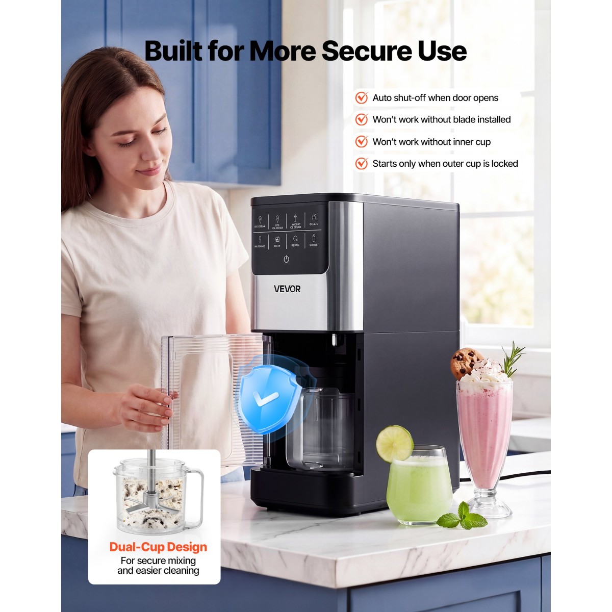 Ice Cream Maker VEVOR, 7-σε-1 Frozen Treat Maker για Gelato, Sorbet, Milkshake, Frozen Yogurt & Lite Ice Cream, Σπιτική παγωτομηχανή με ανάμειξη με ένα άγγιγμα + Respin για λεία, κρεμώδη υφή