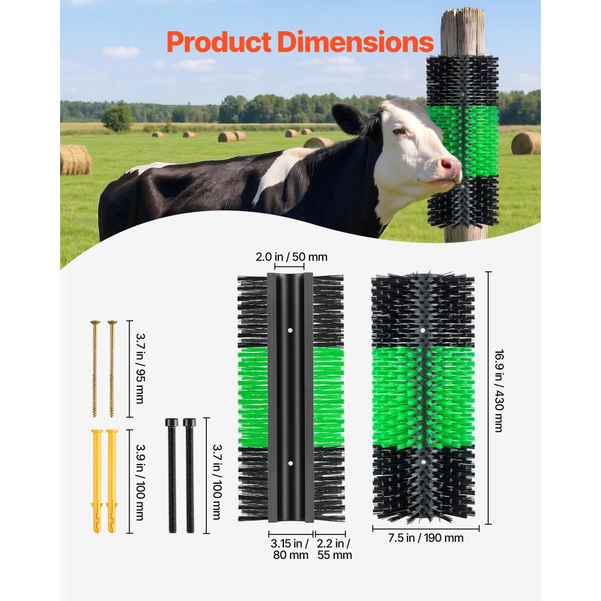 VEVOR Livestock Scratching Brush, 1PC Goat Scratcher Brush Post με 4 βίδες, 430 x 190 mm Ξυστό αγελάδας για ανακούφιση από τον κνησμό στην πλάτη, Εργαλείο γρατσουνιάς μασάζ περιποίησης για πρόβατα χοιρινά βοοειδή αλόγων, Πράσινο & Μαύρο