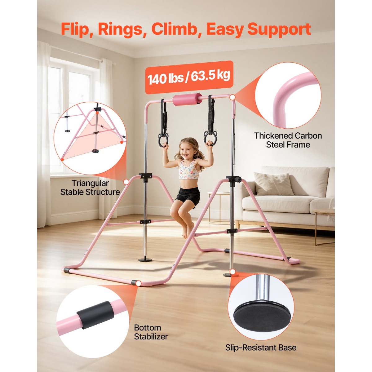 VEVOR Gymnastic Bars for Kip, 63,5 kg Πτυσσόμενη Μπάρα προπόνησης χωρητικότητας, Ρυθμιζόμενο ύψος Γυμναστική Οριζόντια Μπάρα για το σπίτι, Προπονητικός εξοπλισμός για εσωτερικούς και εξωτερικούς χώρους, Εύκολη συναρμολόγηση, Ροζ