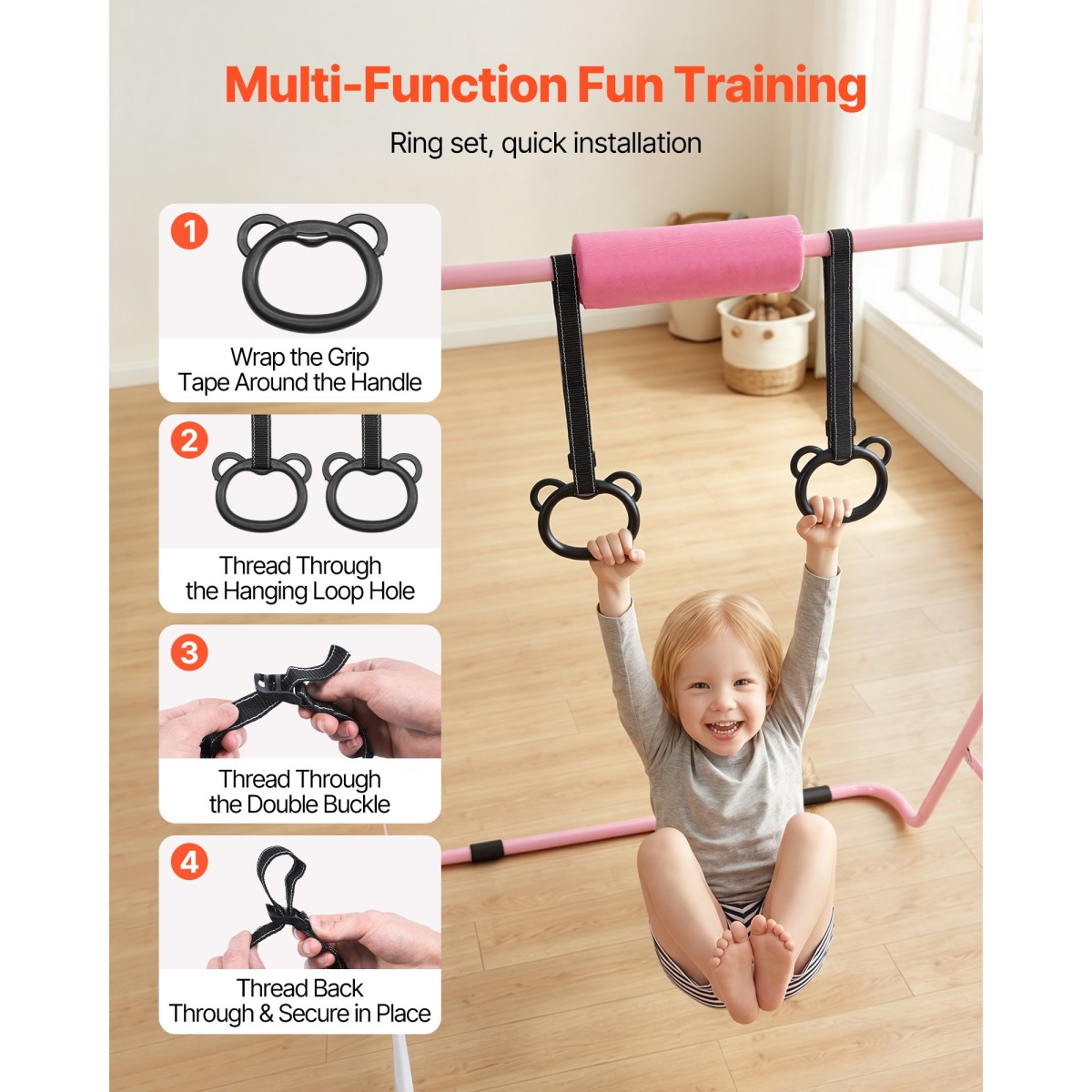 VEVOR Gymnastic Bars for Kip, 63,5 kg Πτυσσόμενη Μπάρα προπόνησης χωρητικότητας, Ρυθμιζόμενο ύψος Γυμναστική Οριζόντια Μπάρα για το σπίτι, Προπονητικός εξοπλισμός για εσωτερικούς και εξωτερικούς χώρους, Εύκολη συναρμολόγηση, Ροζ
