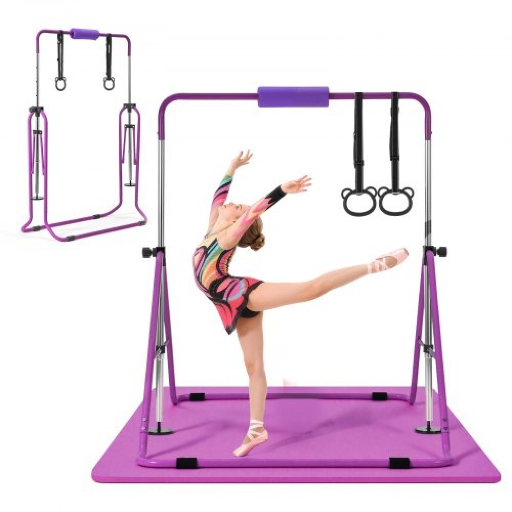 VEVOR Gymnastic Bars for Kids, 63,5 kg Πτυσσόμενη Μπάρα προπόνησης χωρητικότητας με χαλάκι, ρυθμιζόμενο ύψος γυμναστική οριζόντια μπάρα για το σπίτι, εξοπλισμός προπόνησης για εσωτερικούς εξωτερικούς χώρους, Εύκολη συναρμολόγηση, Μωβ
