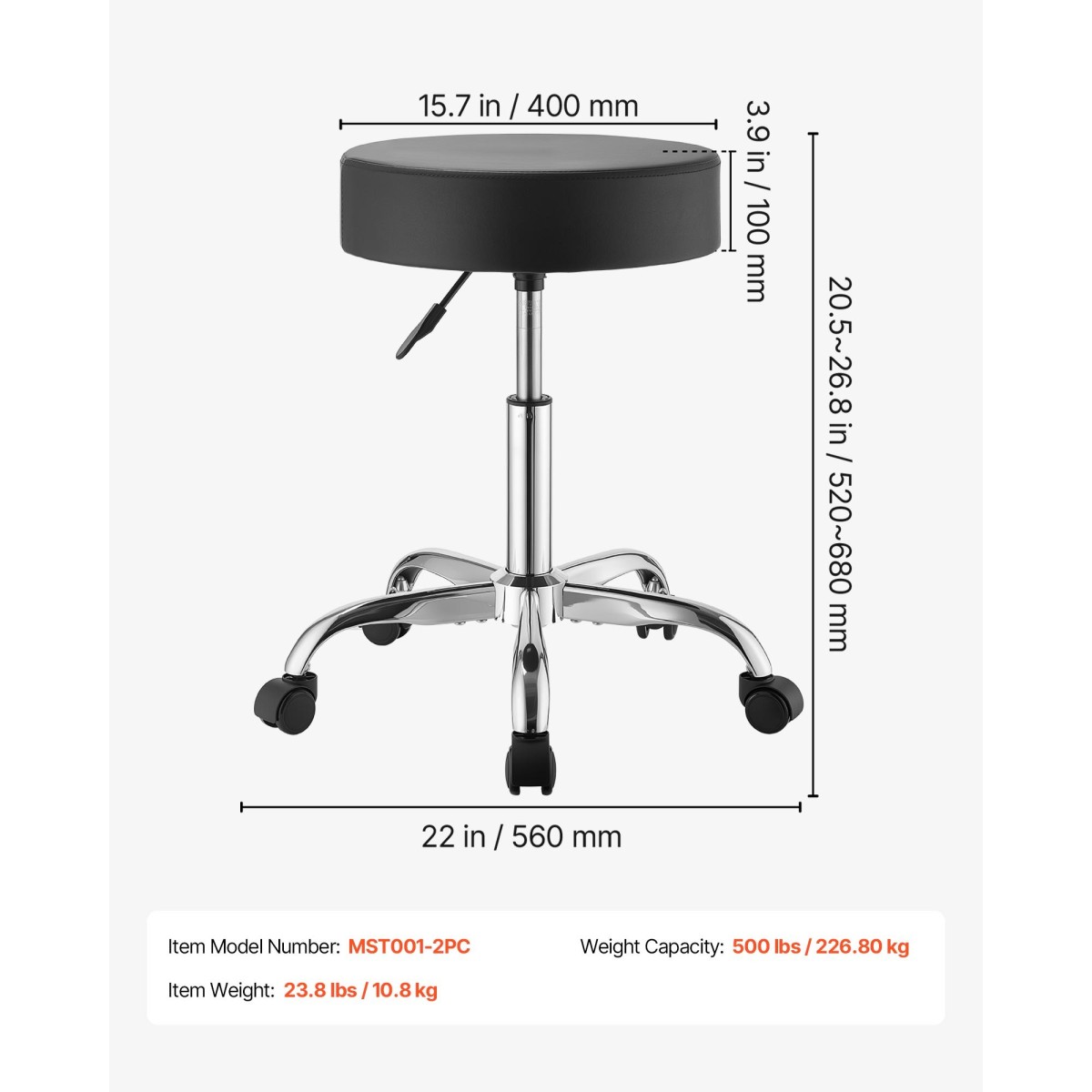 VEVOR Ρολά σκαμπό με ρόδες, Σετ 2, χωρητικότητα 226,8 kg, ρυθμιζόμενο ύψος, χοντρό μαξιλάρι εργονομικό δερμάτινο κάθισμα PU, περιστρεφόμενη 360° στρογγυλή καρέκλα σκαμπό για σαλόνι, σπα, κλινική, μαύρο