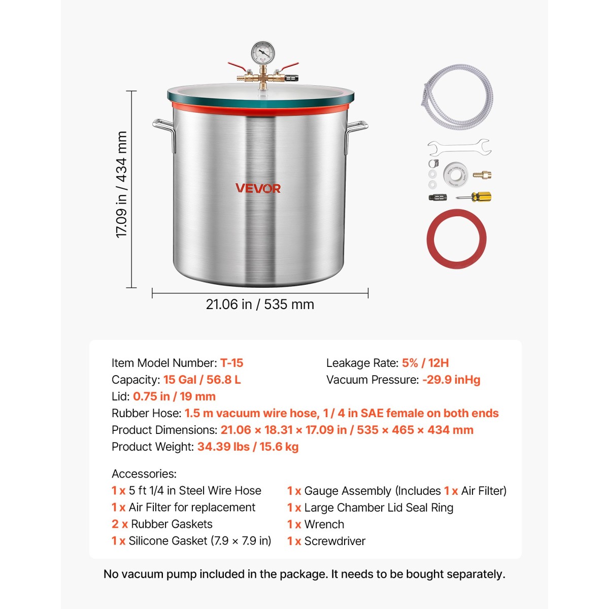 Θάλαμος κενού VEVOR 56,8 L, κράμα αλουμινίου, θάλαμος απαέρωσης κενού με καπάκι από γυαλί σκληρυμένο, σωλήνας, φίλτρο αέρα, για χύτευση ρητίνης, σταθεροποιητικό ξύλο, απαέρωση σιλικόνης, εποξειδικά, αιθέρια έλαια