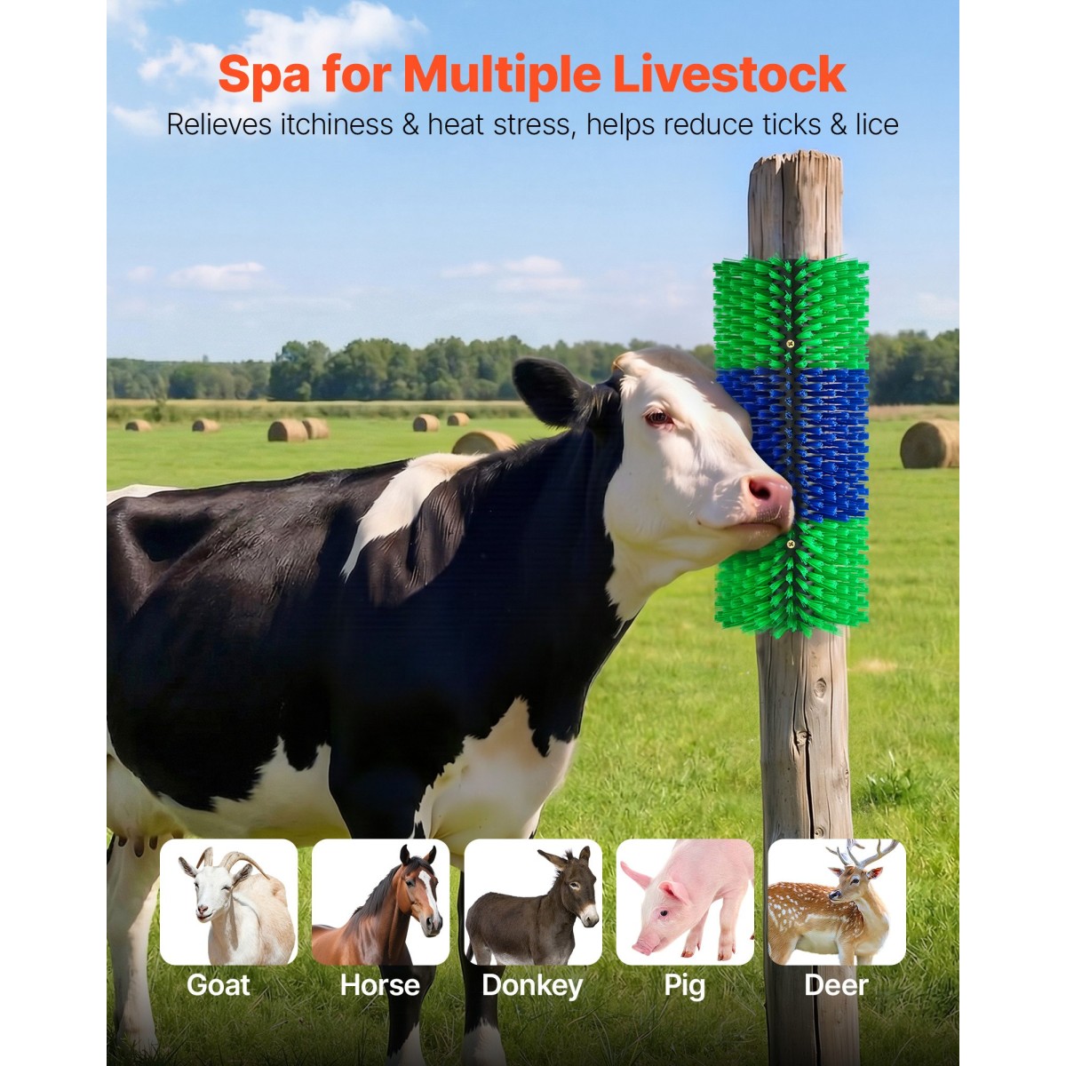 VEVOR Livestock Scratching Brush, 1PC Goat Scratcher Brush Post with 4 Screws, 430 x 190 mm Cow Scratcher for Back Itch Relief, Massage Grooming Scratch Tool for Horse Cattle Sheep Pig, Πράσινο & Μπλε
