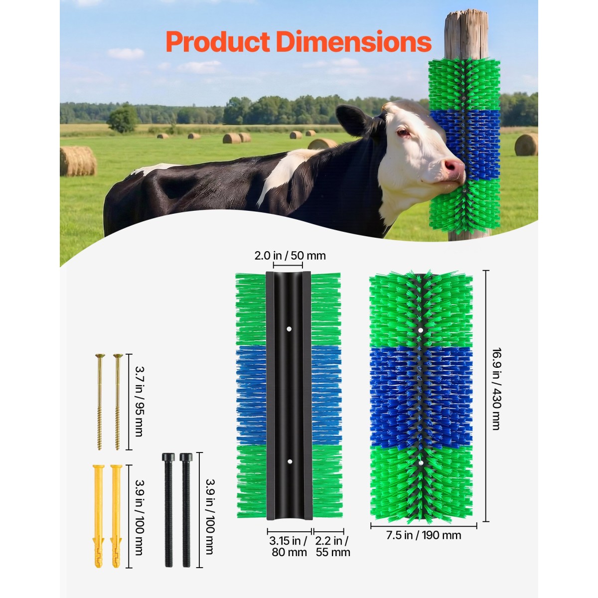 VEVOR Livestock Scratching Brush, 1PC Goat Scratcher Brush Post with 4 Screws, 430 x 190 mm Cow Scratcher for Back Itch Relief, Massage Grooming Scratch Tool for Horse Cattle Sheep Pig, Πράσινο & Μπλε
