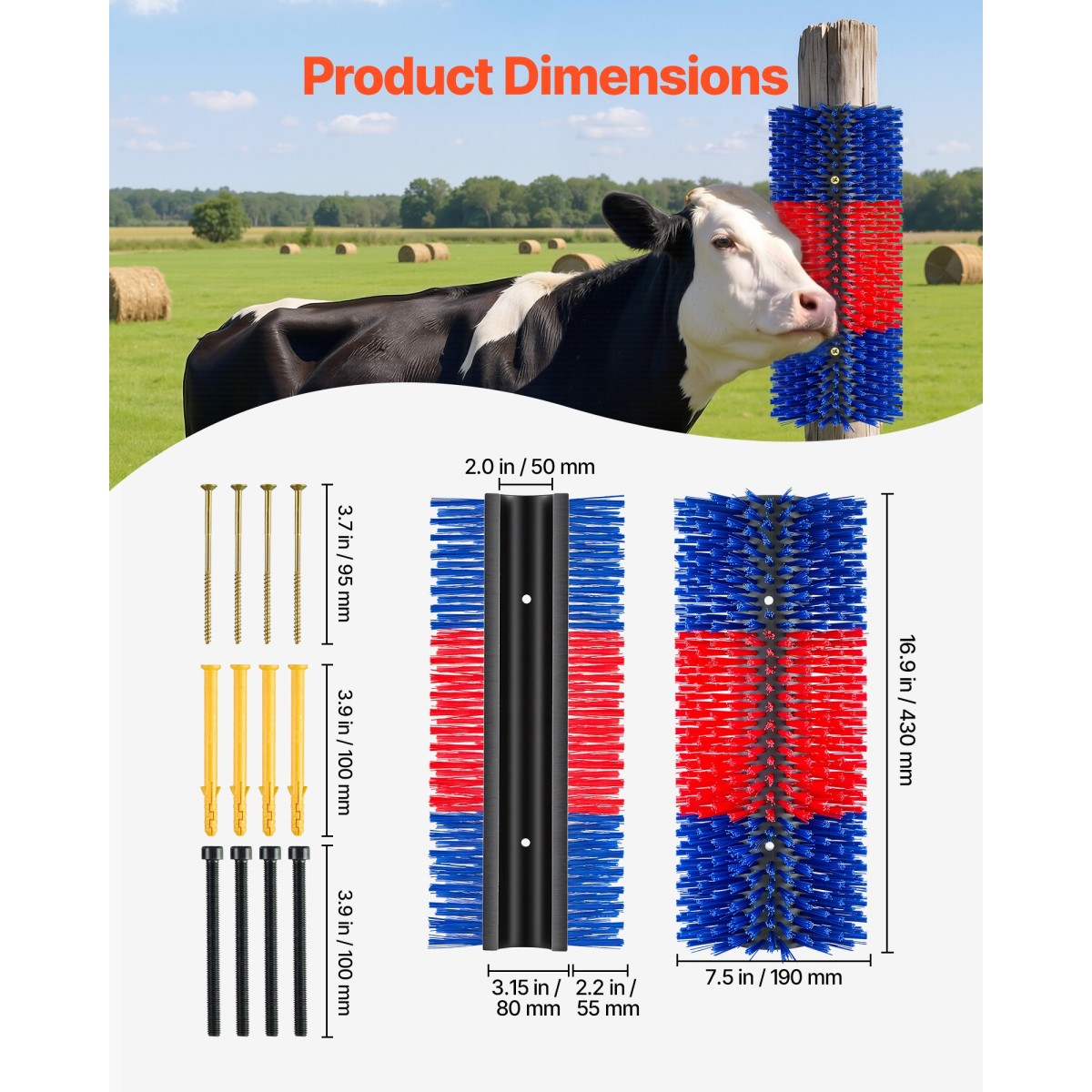 VEVOR Livestock Scratching Brush, 2PCS Goat Scratcher Brush Post με 8 βίδες, 430 x 190 mm Ξυστό αγελάδας για ανακούφιση από τον κνησμό στην πλάτη, Εργαλείο περιποίησης μασάζ για γρατσουνιές για βοοειδή άλογα, πρόβατο γουρουνάκι, μπλε & κόκκινο