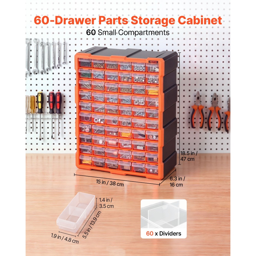 VEVOR 60-Drawer Storage Organizer, Πλαστικό, Ντουλάπι αποθήκευσης συρταριών για οργάνωση γκαράζ, στοιβαζόμενο μικροεξαρτήματα οργάνωσης, επιτοίχια εργαλειοθήκη, για υλικό, χάντρες, βίδες, χειροτεχνίες, τούβλα οικοδομής
