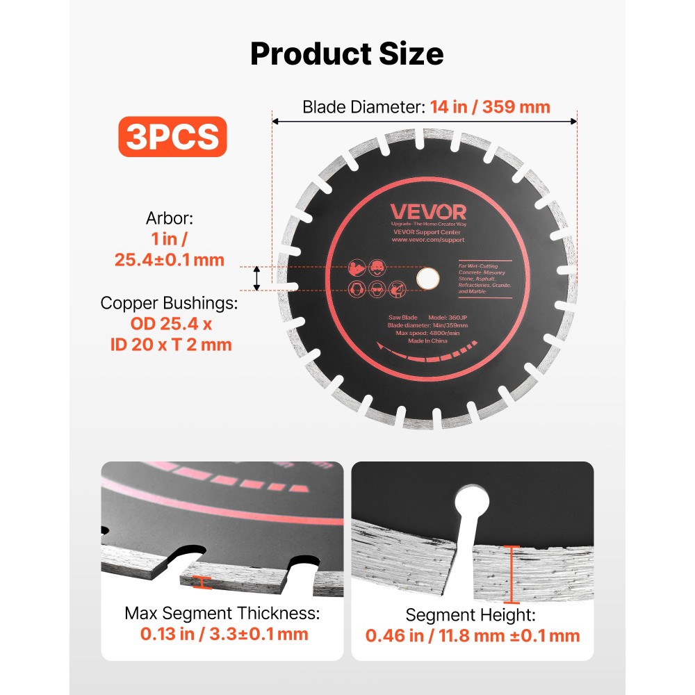 VEVOR Diamond Blades 359 mm, Σετ λεπίδων πριονιού σκυροδέματος 3 συσκευασιών, Arbor 25,4 mm, τμήματα διαμαντιών υψηλής σκληρότητας, πυρήνας χάλυβα 65Mn, στεγνή υγρή κοπή, καθαρές άκρες για σκυρόδεμα, τοιχοποιία, τούβλα, πέτρα, γρανίτη