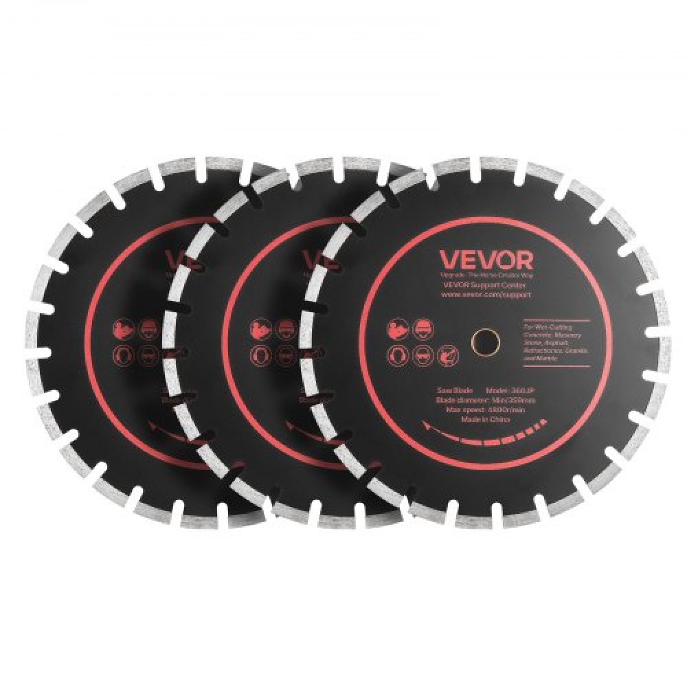 VEVOR Diamond Blades 359 mm, Σετ λεπίδων πριονιού σκυροδέματος 3 συσκευασιών, Arbor 25,4 mm, τμήματα διαμαντιών υψηλής σκληρότητας, πυρήνας χάλυβα 65Mn, στεγνή υγρή κοπή, καθαρές άκρες για σκυρόδεμα, τοιχοποιία, τούβλα, πέτρα, γρανίτη
