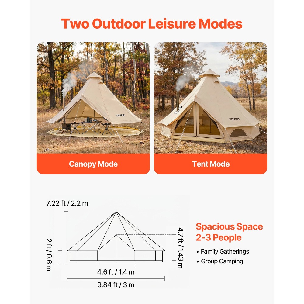 VEVOR Oxford Bell Ten, 4 Seasons 3 m Tent Yurt for Camping with Stove Jack, Αδιάβροχο αναπνέον Χωράει έως και 3 άτομα με Αποσπώμενο Δάπεδο με φερμουάρ, Οικογενειακό Camping Glamping Υπαίθριο Κυνηγετικό Πάρτι