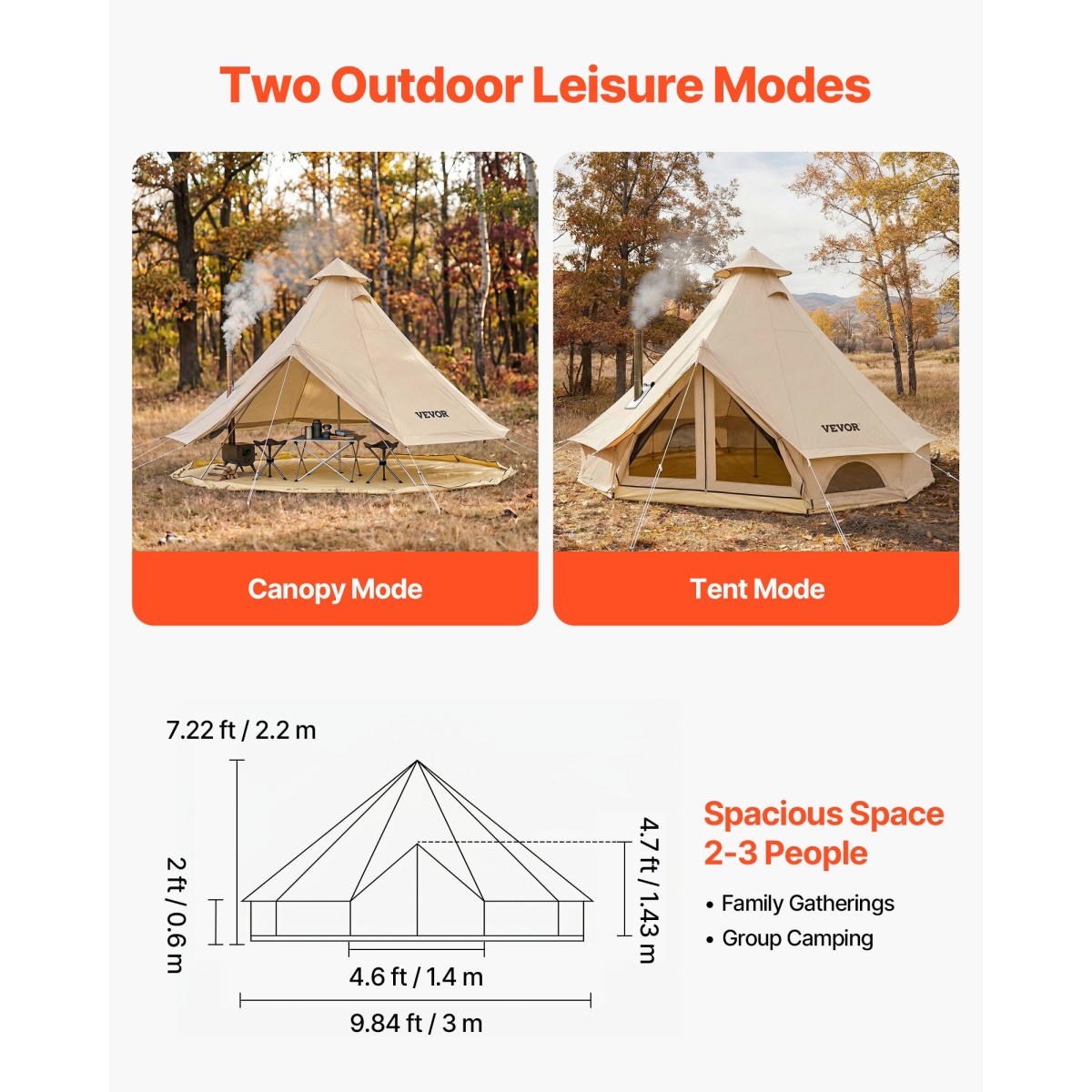 VEVOR Oxford Bell Ten, 4 Seasons 3 m Tent Yurt for Camping with Stove Jack, Αδιάβροχο αναπνέον Χωράει έως και 3 άτομα με Αποσπώμενο Δάπεδο με φερμουάρ, Οικογενειακό Camping Glamping Υπαίθριο Κυνηγετικό Πάρτι