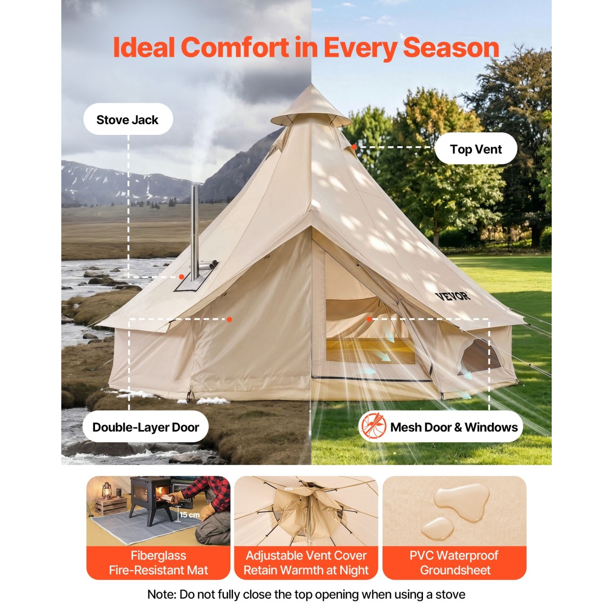 VEVOR Oxford Bell Ten, 4 Seasons 3 m Tent Yurt for Camping with Stove Jack, Αδιάβροχο αναπνέον Χωράει έως και 3 άτομα με Αποσπώμενο Δάπεδο με φερμουάρ, Οικογενειακό Camping Glamping Υπαίθριο Κυνηγετικό Πάρτι
