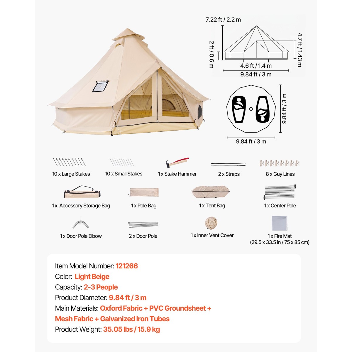 VEVOR Oxford Bell Ten, 4 Seasons 3 m Tent Yurt for Camping with Stove Jack, Αδιάβροχο αναπνέον Χωράει έως και 3 άτομα με Αποσπώμενο Δάπεδο με φερμουάρ, Οικογενειακό Camping Glamping Υπαίθριο Κυνηγετικό Πάρτι