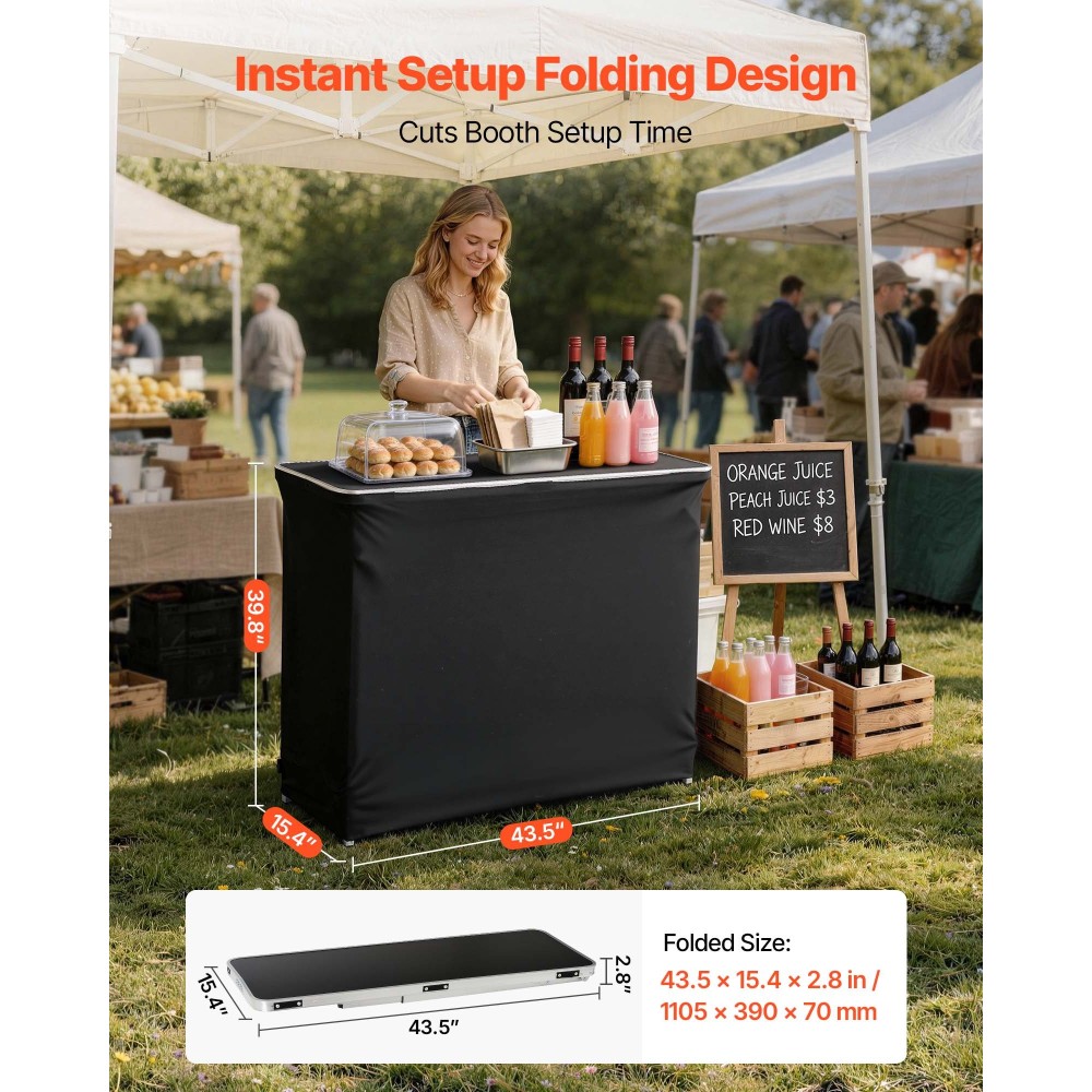Πτυσσόμενο φορητό τραπέζι μπαρ VEVOR, 1105 x 390 x 1010 mm, με τσάντα μεταφοράς, 2 ράφια αποθήκευσης και αποσπώμενη φούστα, γρήγορη και εύκολη ρύθμιση, αναδιπλούμενος φορητός σταθμός bartending για εκδηλώσεις, πάρτι, εμπορική έκθεση