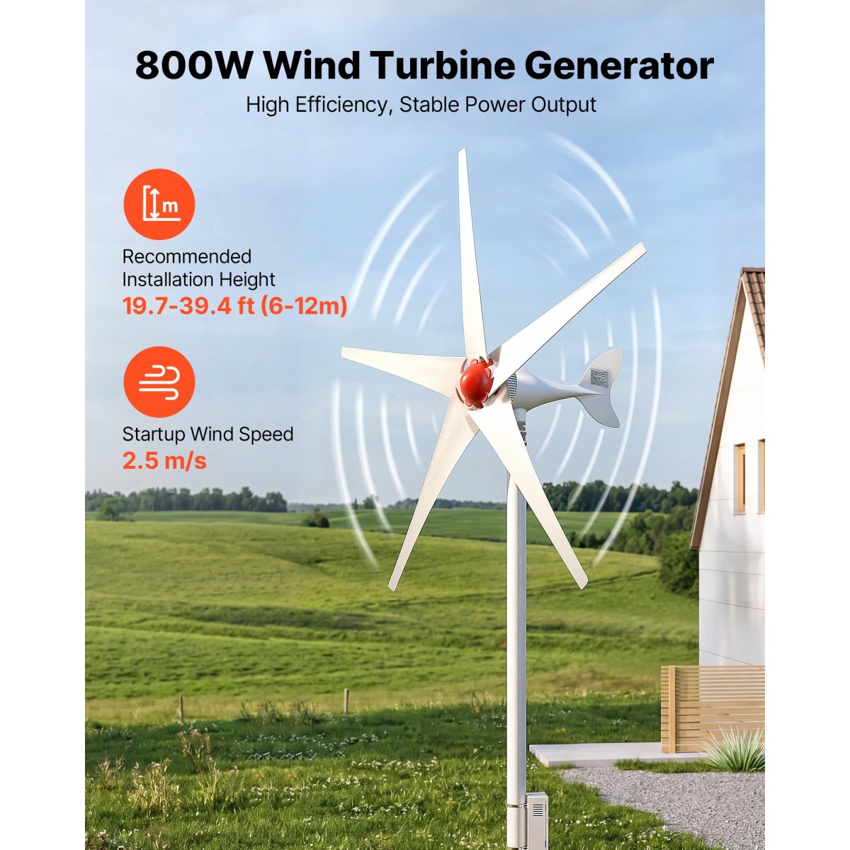 Γεννήτρια ανεμογεννήτριας VEVOR 800W 12V, κιτ ανεμογεννήτριας 5 λεπίδων με υβριδικό ελεγκτή ανέμου & ηλιακής ενέργειας, αποδοτική 3-φασική μόνιμη γεννήτρια αιολικής ενέργειας AC για οικιακό αγρόκτημα σκάφους RV (Δεν περιλαμβάνεται ο πόλος του πύργου)