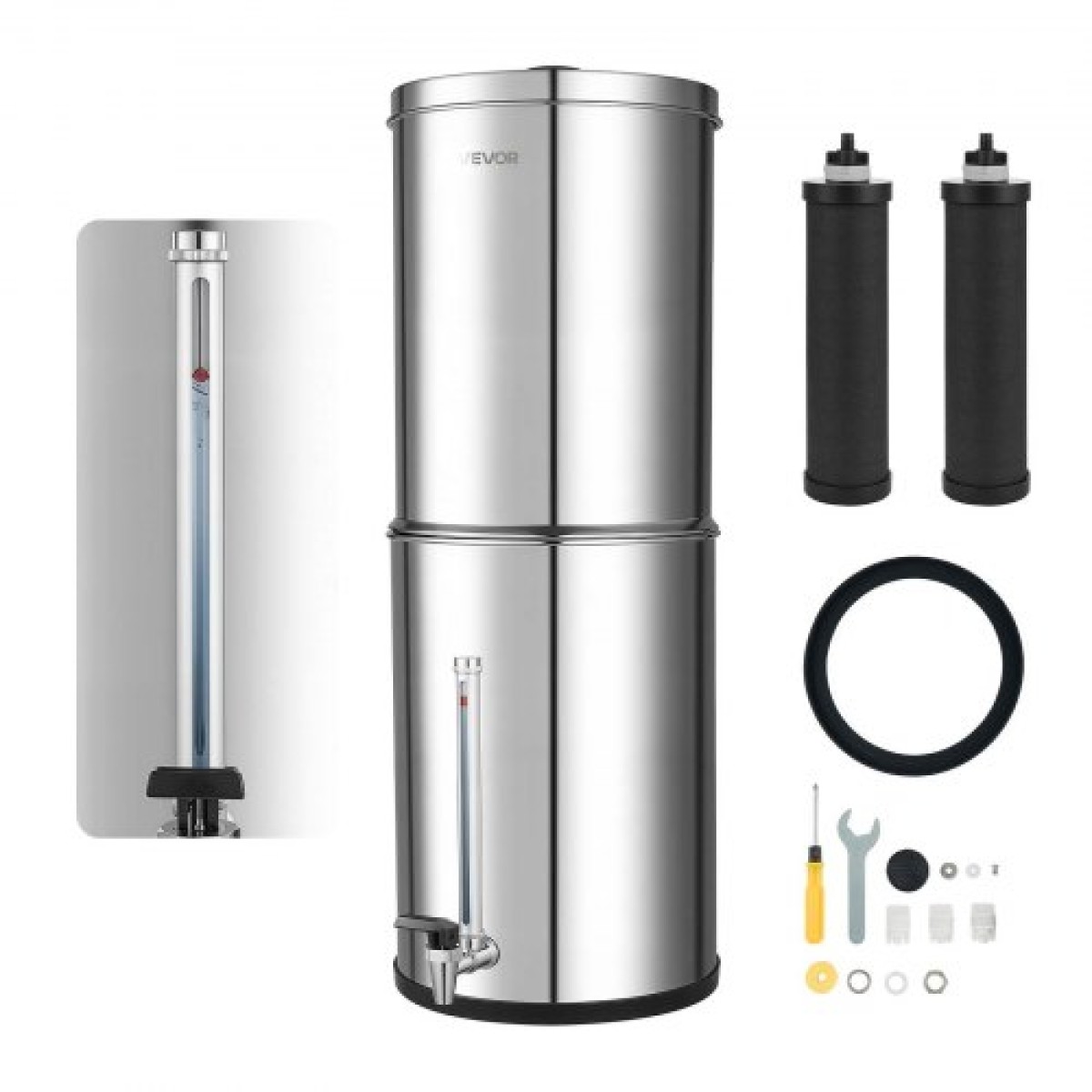 Σύστημα φίλτρου νερού VEVOR Gravity-ted, 12,3L 304 Ανοξείδωτο Σύστημα Φιλτραρίσματος Πάγκου Νερού, Μειώνει τον μόλυβδο και έως και 99% του χλωρίου, με 2 φίλτρα άνθρακα, στόμιο στάθμης νερού, για κατασκήνωση στο σπίτι