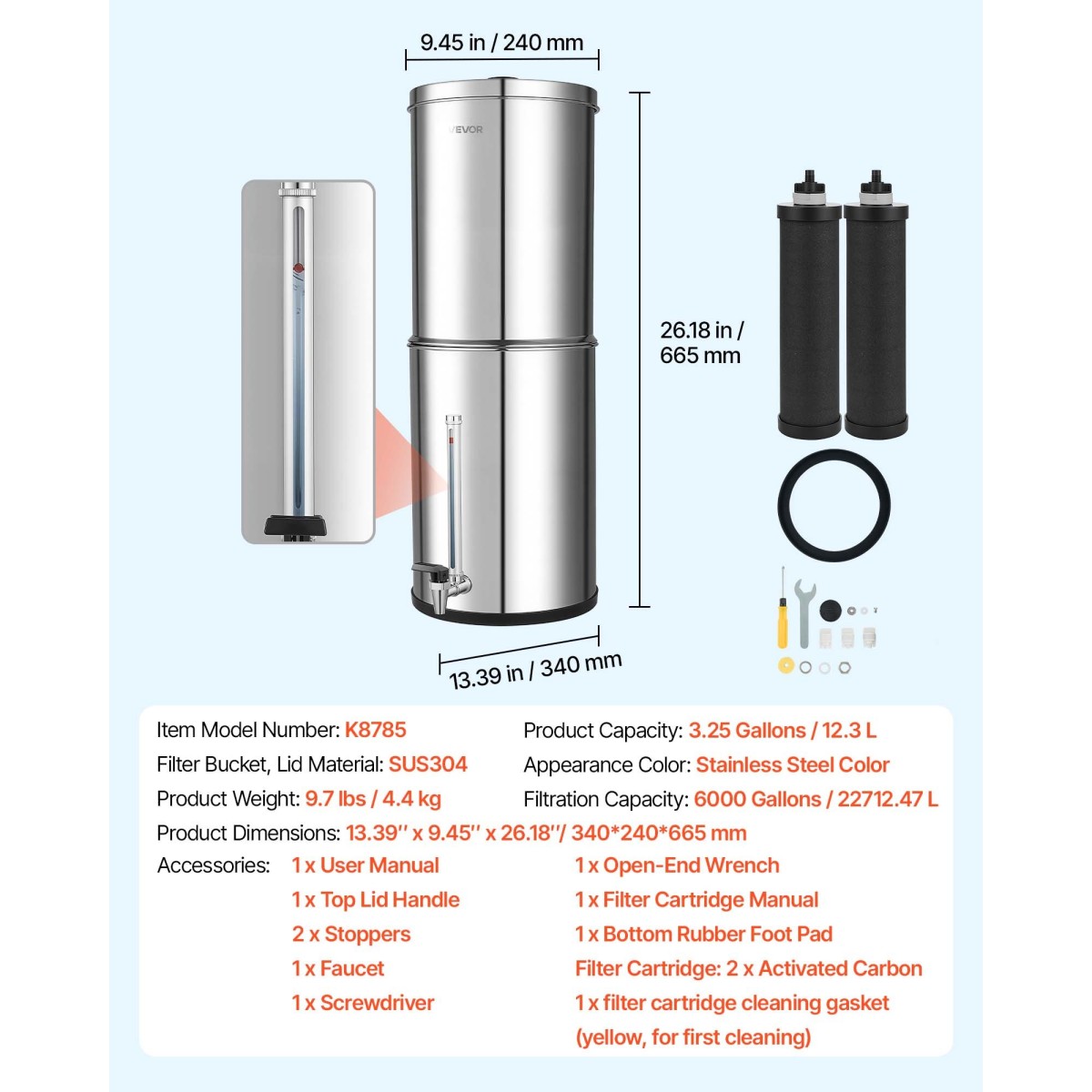 Σύστημα φίλτρου νερού VEVOR Gravity-ted, 12,3L 304 Ανοξείδωτο Σύστημα Φιλτραρίσματος Πάγκου Νερού, Μειώνει τον μόλυβδο και έως και 99% του χλωρίου, με 2 φίλτρα άνθρακα, στόμιο στάθμης νερού, για κατασκήνωση στο σπίτι