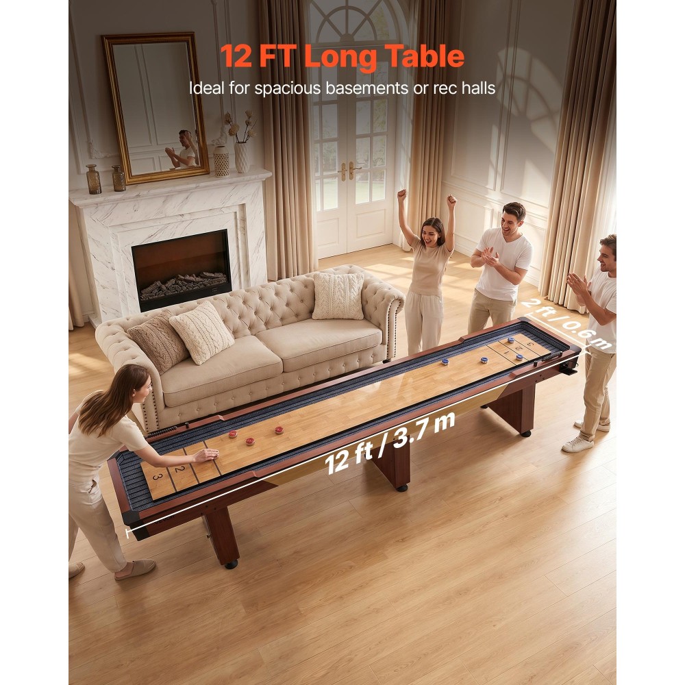 VEVOR 3,7 m Τραπέζι Shuffleboard, 2 σε 1 σετ Shuffleboard και Bowling Combo, Shuffle Board με ρουστίκ ξύλινο φινίρισμα, Ανθεκτικό στις γρατσουνιές Playfield, 8 Pucks, Set Bowling, Wax, Brush, for Family Game Room