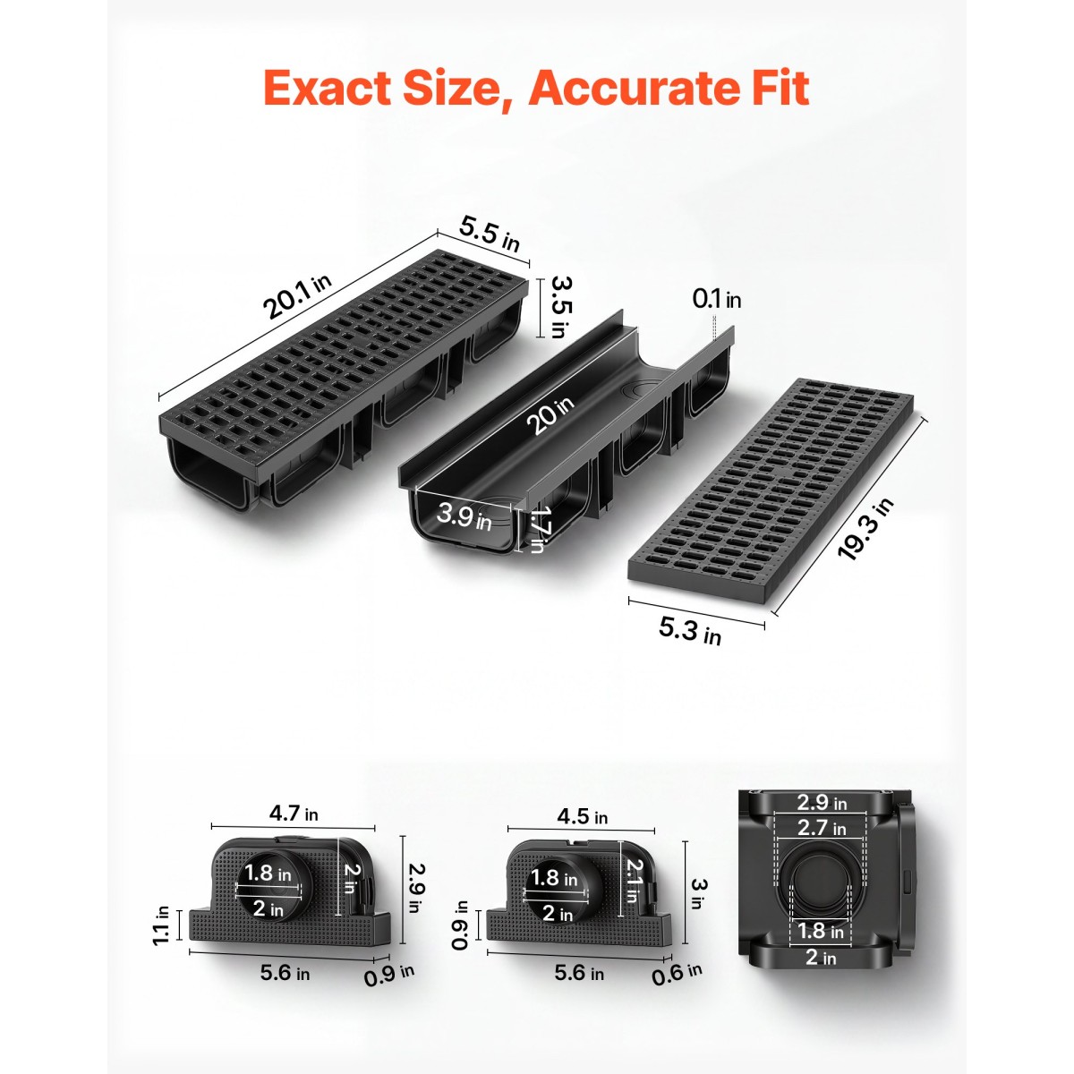 VEVOR Trench Drain, 510 x 140 x 90 mm, 12 Pack Γραμμικό κανάλι αποστράγγισης, HDPE κανάλι αποστράγγισης με σχάρες & τελικές τάπες, Premium εξωτερικό σύστημα αποστράγγισης για δρόμο, βεράντα, πισίνα, κήπο, αυλή, μαύρο