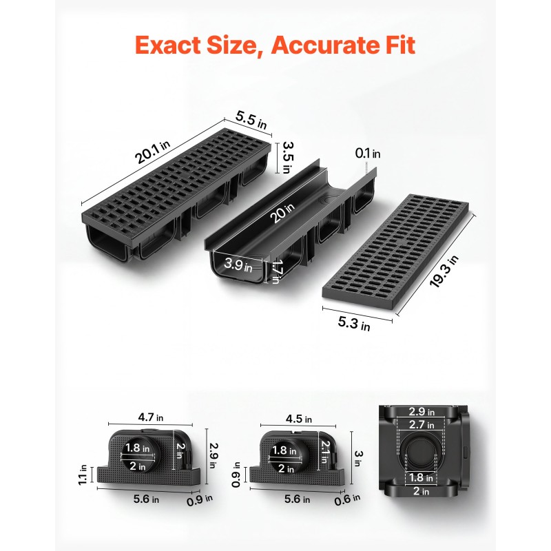 VEVOR Trench Drain, 510 x 140 x 90 mm, 12 Pack Γραμμικό κανάλι αποστράγγισης, HDPE κανάλι αποστράγγισης με σχάρες & τελικές τάπες, Premium εξωτερικό σύστημα αποστράγγισης για δρόμο, βεράντα, πισίνα, κήπο, αυλή, μαύρο