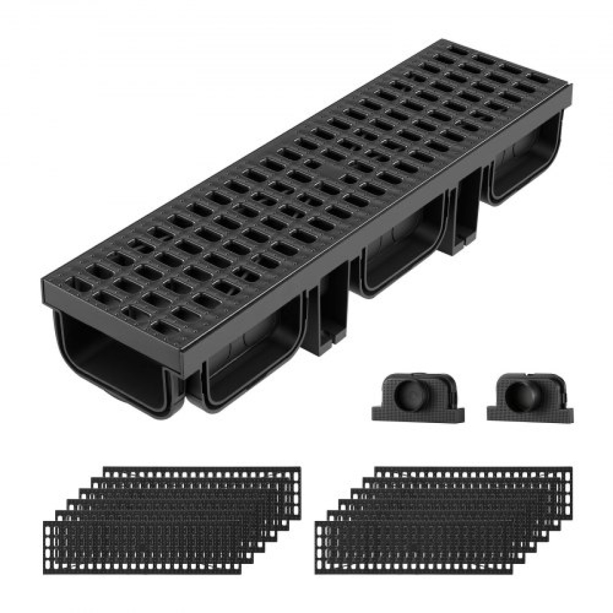 VEVOR Trench Drain, 510 x 140 x 90 mm, 12 Pack Γραμμικό κανάλι αποστράγγισης, HDPE κανάλι αποστράγγισης με σχάρες & τελικές τάπες, Premium εξωτερικό σύστημα αποστράγγισης για δρόμο, βεράντα, πισίνα, κήπο, αυλή, μαύρο