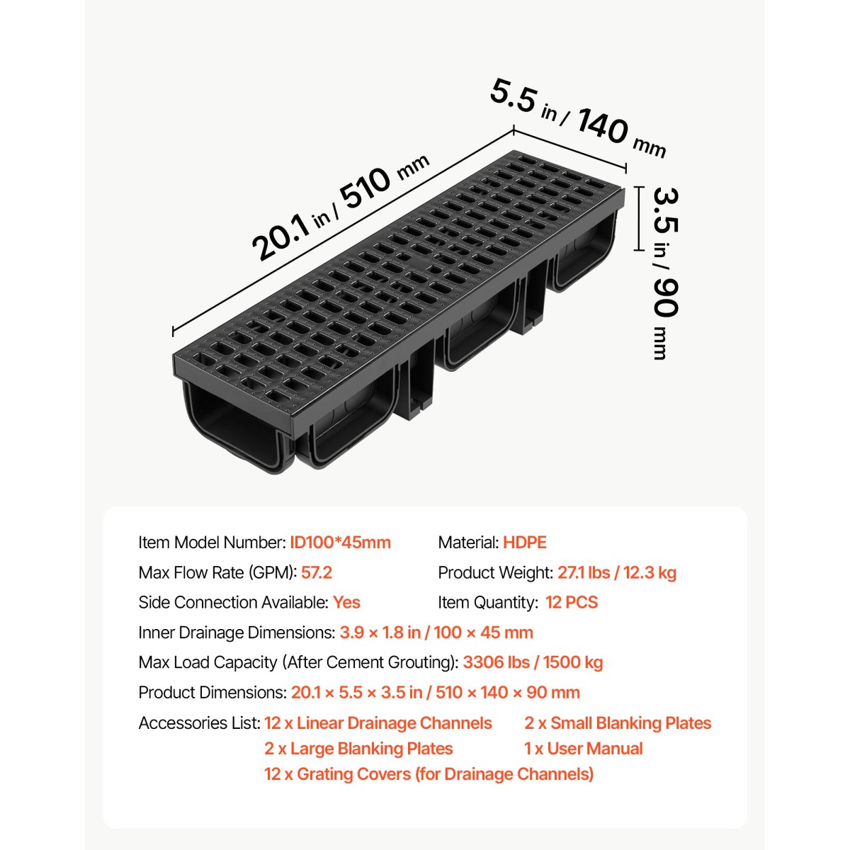 VEVOR Trench Drain, 510 x 140 x 90 mm, 12 Pack Γραμμικό κανάλι αποστράγγισης, HDPE κανάλι αποστράγγισης με σχάρες & τελικές τάπες, Premium εξωτερικό σύστημα αποστράγγισης για δρόμο, βεράντα, πισίνα, κήπο, αυλή, μαύρο