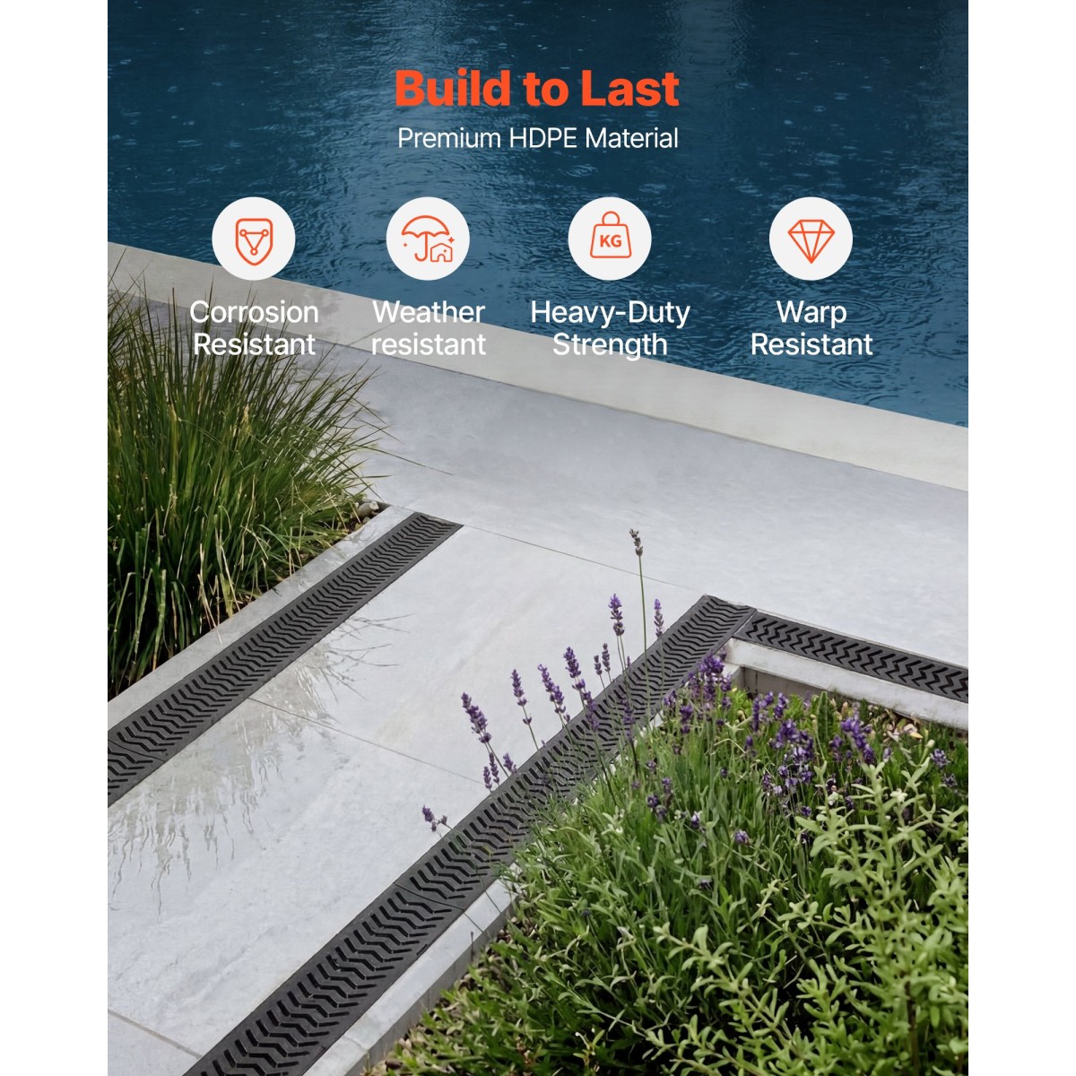 VEVOR Trench Drain, 1005 x 103 x 62 mm, 6 Pack Γραμμικό κανάλι αποστράγγισης, HDPE κανάλι αποστράγγισης με σχάρες & τελικά καπάκια, Premium εξωτερικό σύστημα αποστράγγισης για δρόμο, βεράντα, πισίνα, κήπο, αυλή, μαύρο