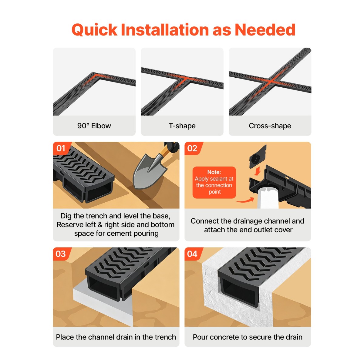 VEVOR Trench Drain, 1005 x 103 x 62 mm, 6 Pack Γραμμικό κανάλι αποστράγγισης, HDPE κανάλι αποστράγγισης με σχάρες & τελικά καπάκια, Premium εξωτερικό σύστημα αποστράγγισης για δρόμο, βεράντα, πισίνα, κήπο, αυλή, μαύρο