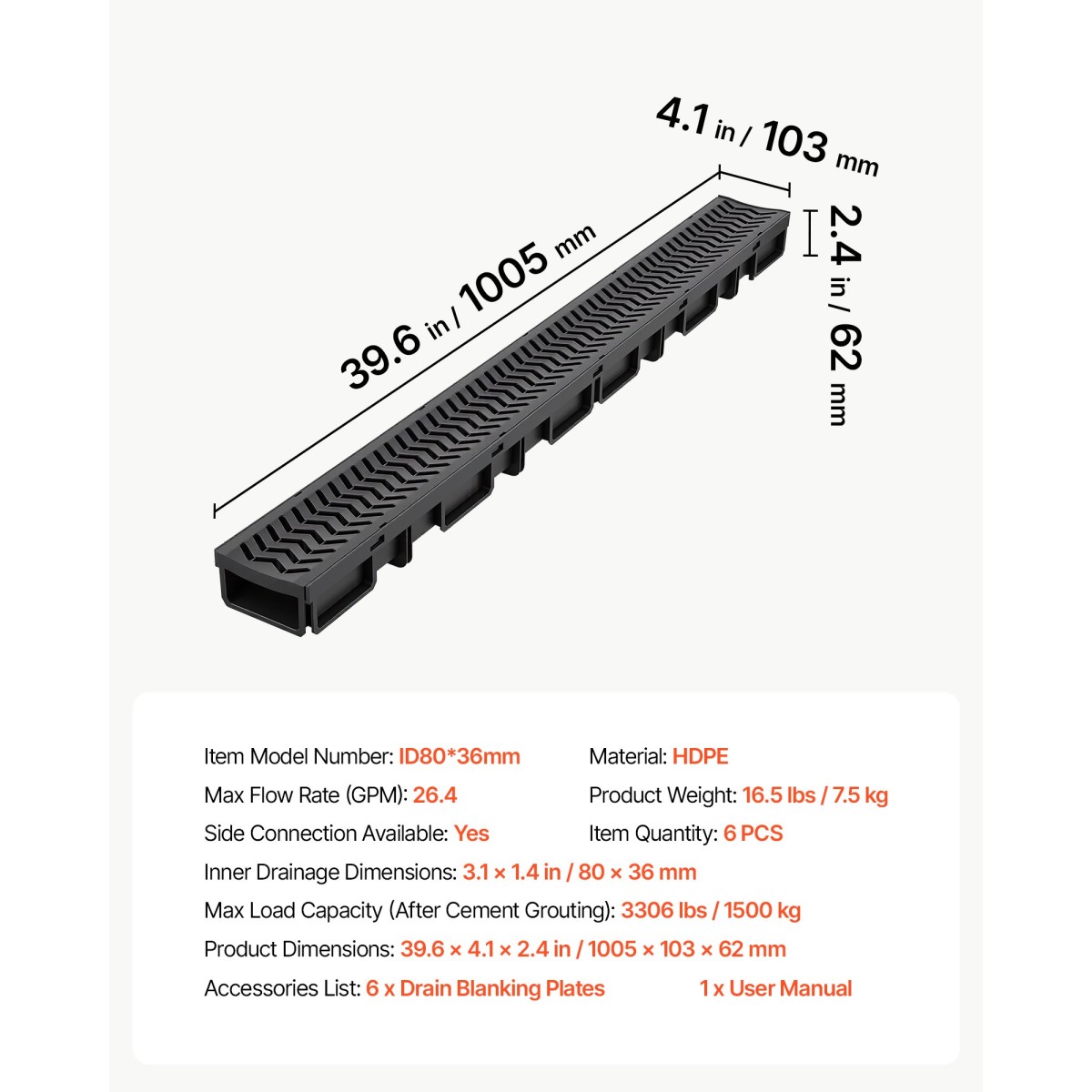 VEVOR Trench Drain, 1005 x 103 x 62 mm, 6 Pack Γραμμικό κανάλι αποστράγγισης, HDPE κανάλι αποστράγγισης με σχάρες & τελικά καπάκια, Premium εξωτερικό σύστημα αποστράγγισης για δρόμο, βεράντα, πισίνα, κήπο, αυλή, μαύρο