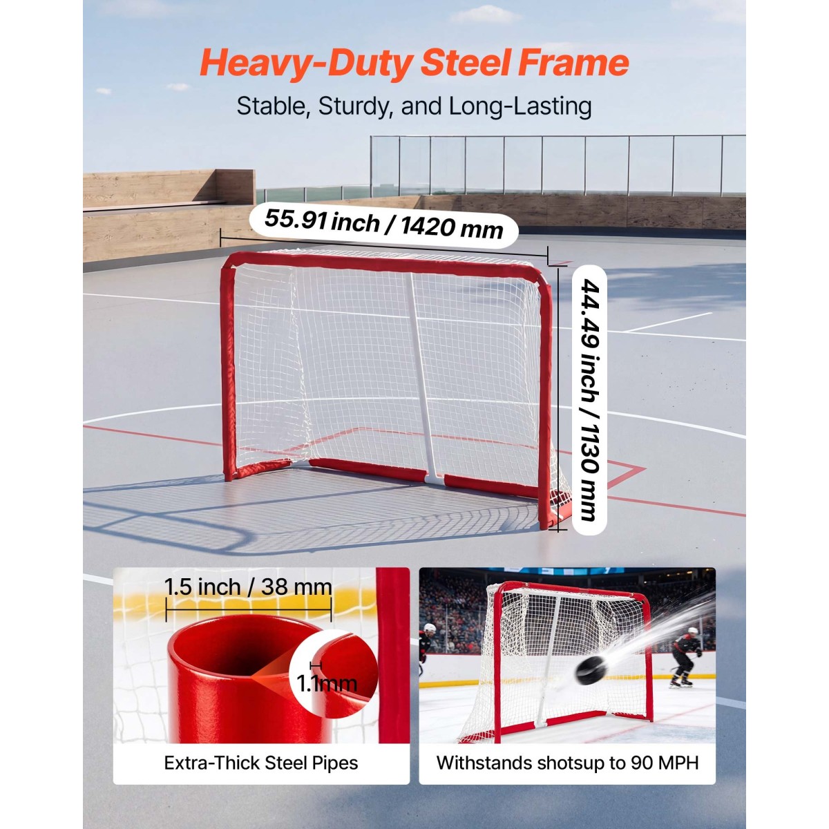 VEVOR Street Hockey Goal, Heavy-Duty Steel Street + Roller Hockey δίχτυα, Ανθεκτικό δίχτυ χόκεϊ για εσωτερική και εξωτερική χρήση, ελαφριά φορητή προπόνηση, εύκολη συναρμολόγηση για το Backyard Park Garage, 142x113 cm
