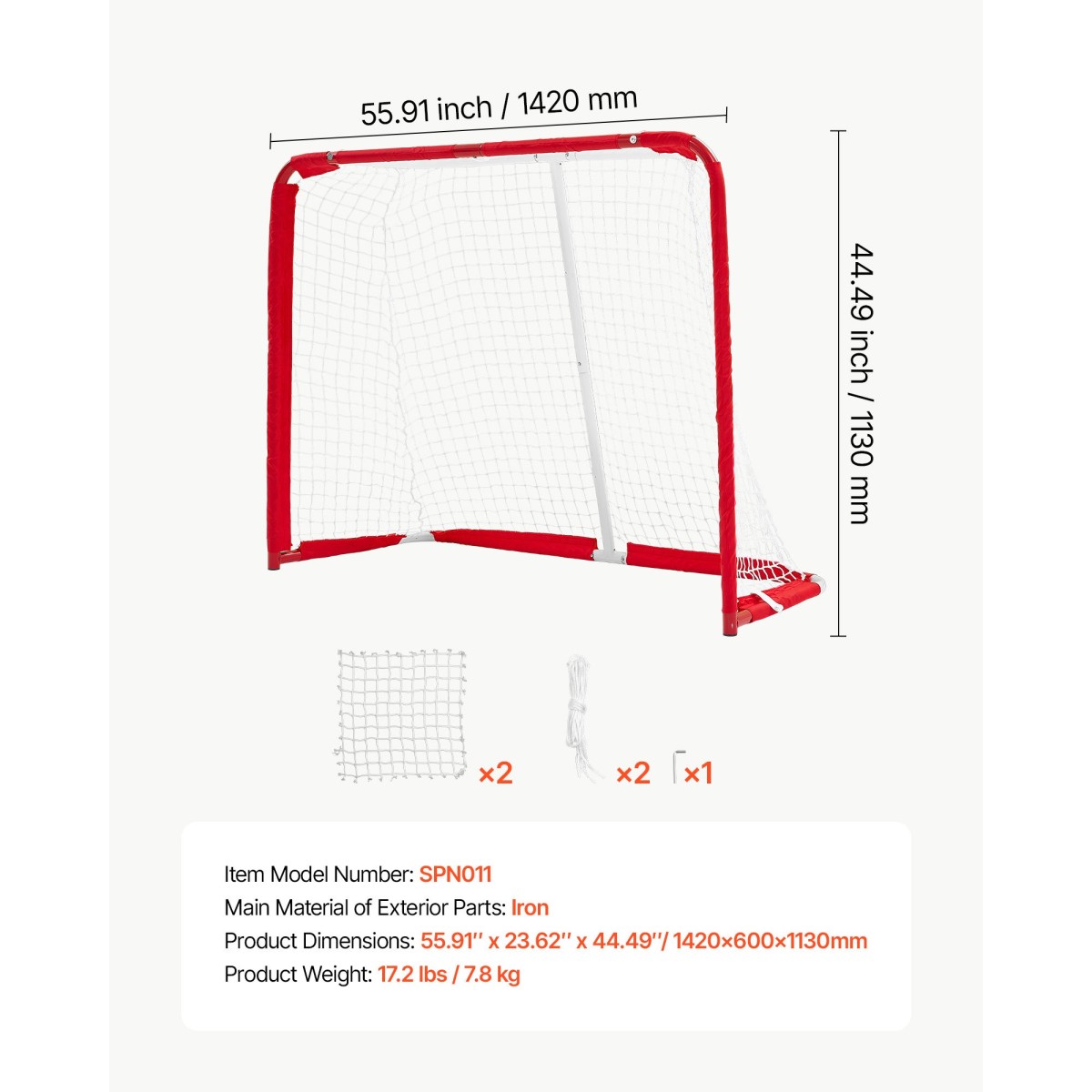 VEVOR Street Hockey Goal, Heavy-Duty Steel Street + Roller Hockey δίχτυα, Ανθεκτικό δίχτυ χόκεϊ για εσωτερική και εξωτερική χρήση, ελαφριά φορητή προπόνηση, εύκολη συναρμολόγηση για το Backyard Park Garage, 142x113 cm