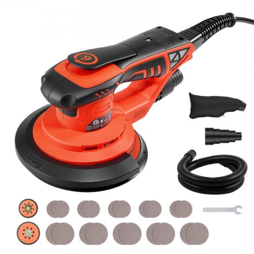 VEVOR 127mm & 152mm Random Orbital Trinder 400W Brushless Orbital Trinder, 4000-10000RPM Ηλεκτρικά τριβεία παλάμης 7 ταχυτήτων με γυαλόχαρτα 20 τμχ, σακούλα σκόνης & σωλήνας κενού για ξυλουργική λείανση λεπτομερειών