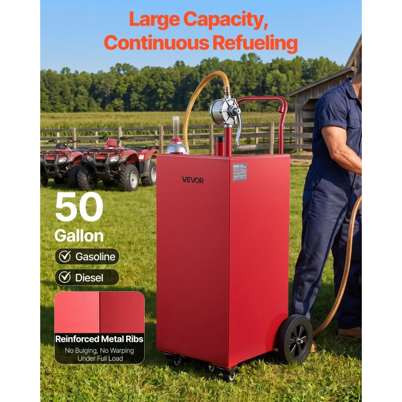 VEVOR 189.3L Fuel Gas Caddy, Carbon Steel, Φορητό δοχείο αποθήκευσης μεταφοράς καυσίμου με χειροκίνητη αντλία & 4 τροχούς κύλισης, δοχείο δοχείου ντίζελ βενζίνης, για αυτοκίνητα, χορτοκοπτικά, ATV, σκάφη, μοτοσικλέτες, κόκκινο