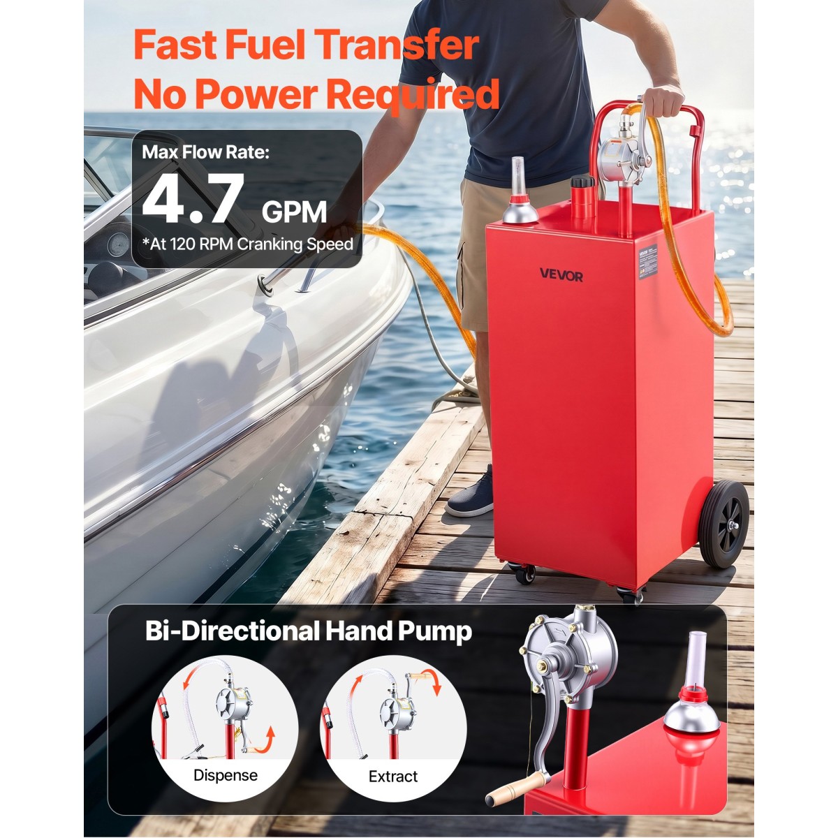 VEVOR 189.3L Fuel Gas Caddy, Carbon Steel, Φορητό δοχείο αποθήκευσης μεταφοράς καυσίμου με χειροκίνητη αντλία & 4 τροχούς κύλισης, δοχείο δοχείου ντίζελ βενζίνης, για αυτοκίνητα, χορτοκοπτικά, ATV, σκάφη, μοτοσικλέτες, κόκκινο