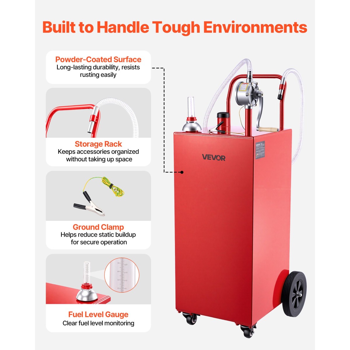 VEVOR 189.3L Fuel Gas Caddy, Carbon Steel, Φορητό δοχείο αποθήκευσης μεταφοράς καυσίμου με χειροκίνητη αντλία & 4 τροχούς κύλισης, δοχείο δοχείου ντίζελ βενζίνης, για αυτοκίνητα, χορτοκοπτικά, ATV, σκάφη, μοτοσικλέτες, κόκκινο