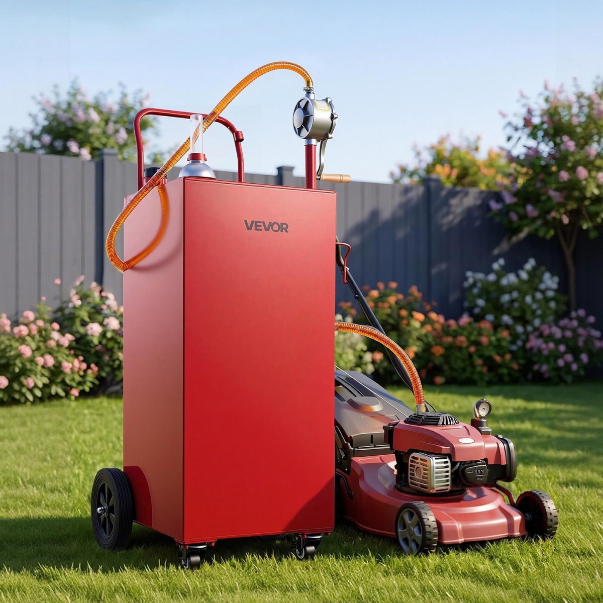 VEVOR 189.3L Fuel Gas Caddy, Carbon Steel, Φορητό δοχείο αποθήκευσης μεταφοράς καυσίμου με χειροκίνητη αντλία & 4 τροχούς κύλισης, δοχείο δοχείου ντίζελ βενζίνης, για αυτοκίνητα, χορτοκοπτικά, ATV, σκάφη, μοτοσικλέτες, κόκκινο