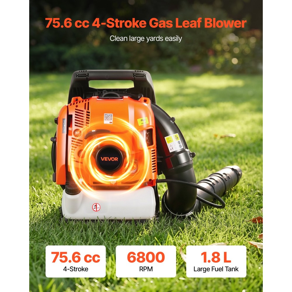 Σακίδιο VEVOR Leaf Blower, 75,6CC 4-stroke Κινητήρας Φυλλωτή αερίου με βενζίνη 1,8L, όγκος αέρα 1045 m³/h, Ταχύτητα 317 km/h, Ιδανικός για περιποίηση γκαζόν, καθαρισμός φύλλων, υπολείμματα αυλής και αφαίρεση χιονιού