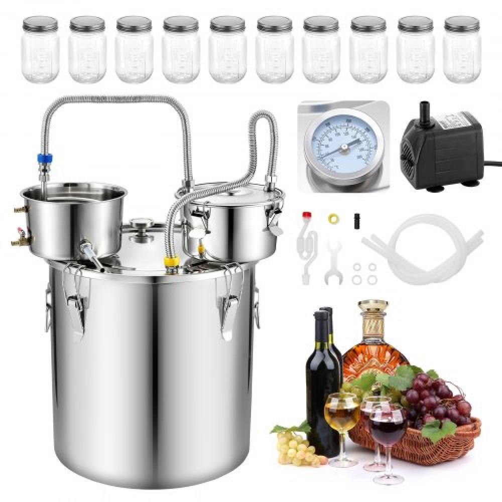 VEVOR Alcohol Still, 13,2 GAL/ 50L Alcohol Distiller με γυάλινα βάζα 10 x 16 oz, Thumper βαρέλι, θερμόμετρο διπλής κλίμακας και αντλία νερού, κιτ οικιακής παρασκευής για DIY Whisky Wine Brandy