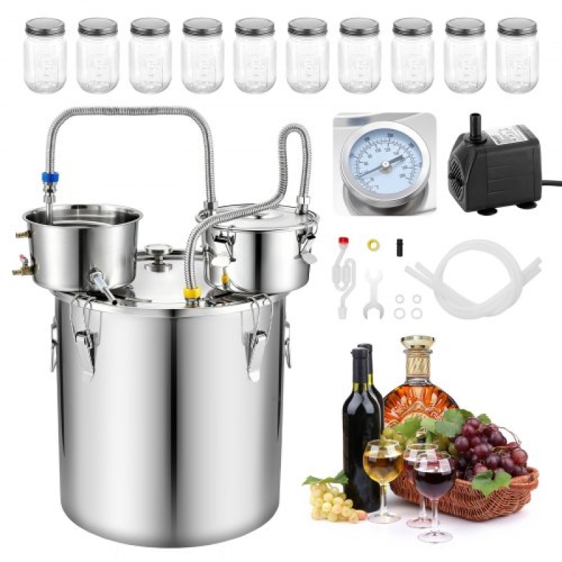 VEVOR Alcohol Still, 13,2 GAL/ 50L Alcohol Distiller με γυάλινα βάζα 10 x 16 oz, Thumper βαρέλι, θερμόμετρο διπλής κλίμακας και αντλία νερού, κιτ οικιακής παρασκευής για DIY Whisky Wine Brandy