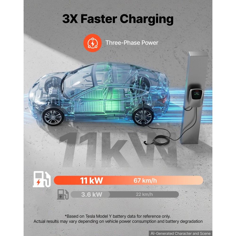 VEVOR Electric Vehicle Charging Station 11kW Τριφασικός φορτιστής EV CEE 16A, για όλα τα EV και PHEV, 400V AC Home Type 2 Smart Car Charging Wallbox, με τηλεχειριστήριο APP & ψηφιακή οθόνη, IP65