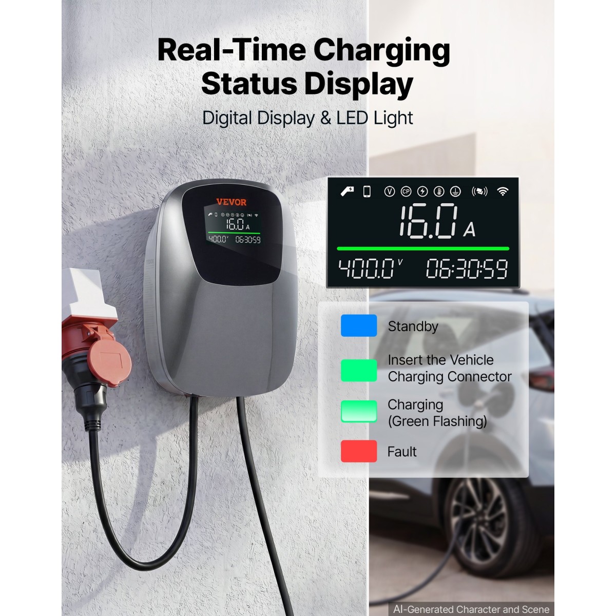 VEVOR Electric Vehicle Charging Station 11kW Τριφασικός φορτιστής EV CEE 16A, για όλα τα EV και PHEV, 400V AC Home Type 2 Smart Car Charging Wallbox, με τηλεχειριστήριο APP & ψηφιακή οθόνη, IP65