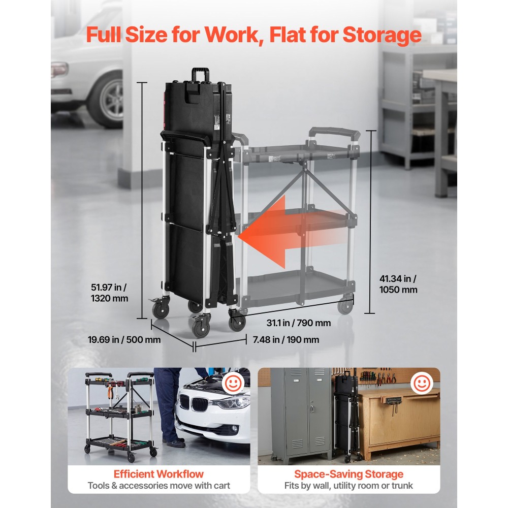 VEVOR Utility Cart, χωρητικότητας 136 kg, 3 επιπέδων αναδιπλούμενο καρότσι σέρβις με περιστρεφόμενους τροχούς 360° (2 με φρένα), κύλιση βαρέως τύπου με δίσκους & πλαϊνή βάση εργαλείων, αποθήκευση εργαλείων για συνεργείο αποθήκης γκαράζ