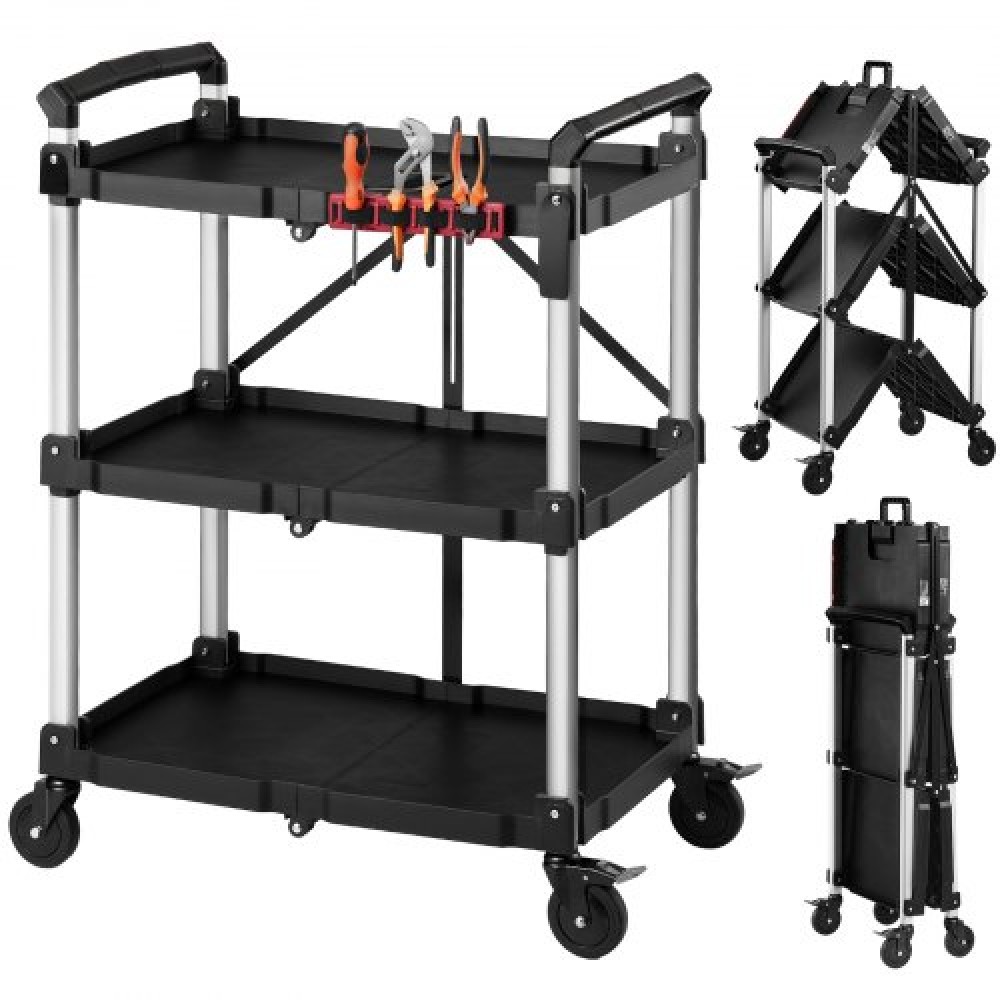 VEVOR Utility Cart, χωρητικότητας 136 kg, 3 επιπέδων αναδιπλούμενο καρότσι σέρβις με περιστρεφόμενους τροχούς 360° (2 με φρένα), κύλιση βαρέως τύπου με δίσκους & πλαϊνή βάση εργαλείων, αποθήκευση εργαλείων για συνεργείο αποθήκης γκαράζ