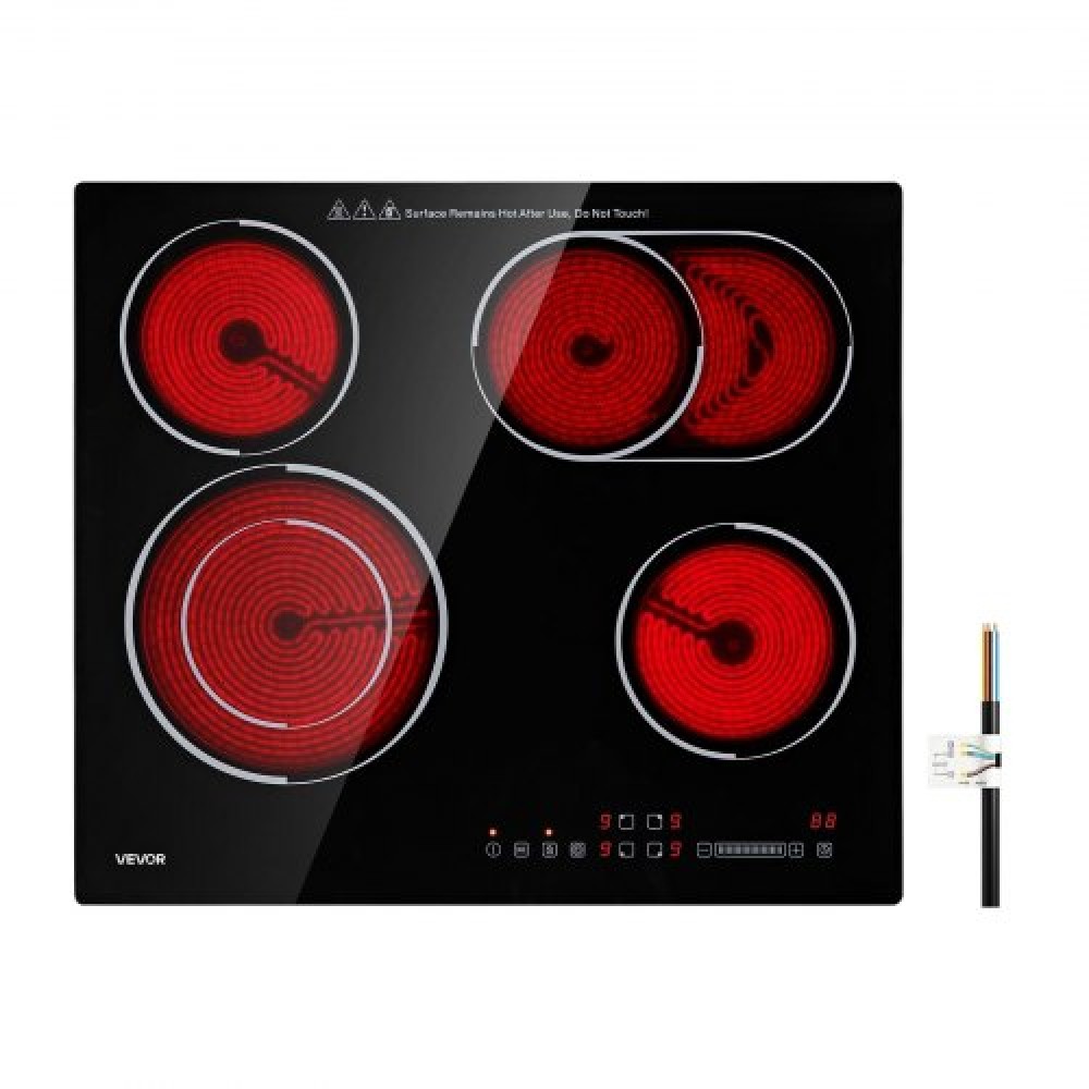 VEVOR Ηλεκτρική εστία 60cm 4 καυστήρες 6600W 220V Χωρίς βύσμα, Κεραμικός πάγκος/Ενσωματωμένη ηλεκτρική κουζίνα ακτινοβολίας , με 9 επίπεδα ισχύος, χρονοδιακόπτης, κλειδαριά για παιδιά, προστατευτικό υπερθέρμανσης, έλεγχος αφής