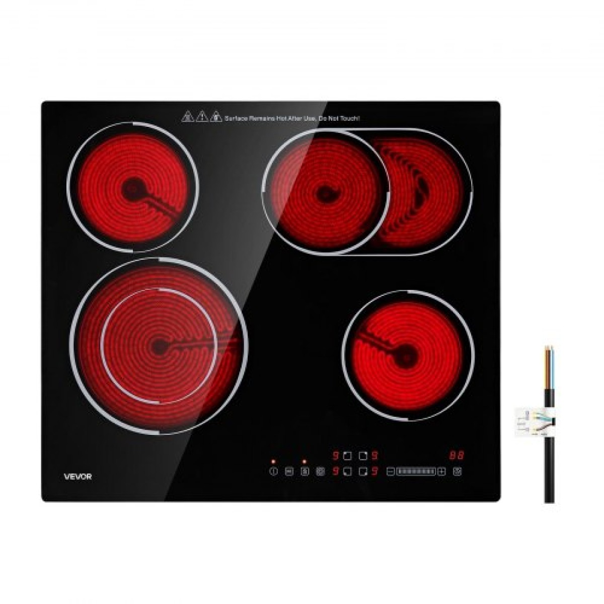 VEVOR Ηλεκτρική εστία 60cm 4 καυστήρες 6600W 220V Χωρίς βύσμα, Κεραμικός πάγκος/Ενσωματωμένη ηλεκτρική κουζίνα ακτινοβολίας , με 9 επίπεδα ισχύος, χρονοδιακόπτης, κλειδαριά για παιδιά, προστατευτικό υπερθέρμανσης, έλεγχος αφής
