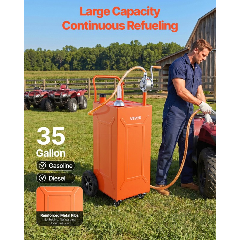VEVOR 132.5L Fuel Gas Caddy, Carbon Steel, Φορητό δοχείο αποθήκευσης μεταφοράς καυσίμου με χειροκίνητη αντλία και 4 τροχούς, δοχείο βενζίνης ντίζελ, για αυτοκίνητα, χορτοκοπτικά, ATV, σκάφη, μοτοσικλέτες, πορτοκαλί