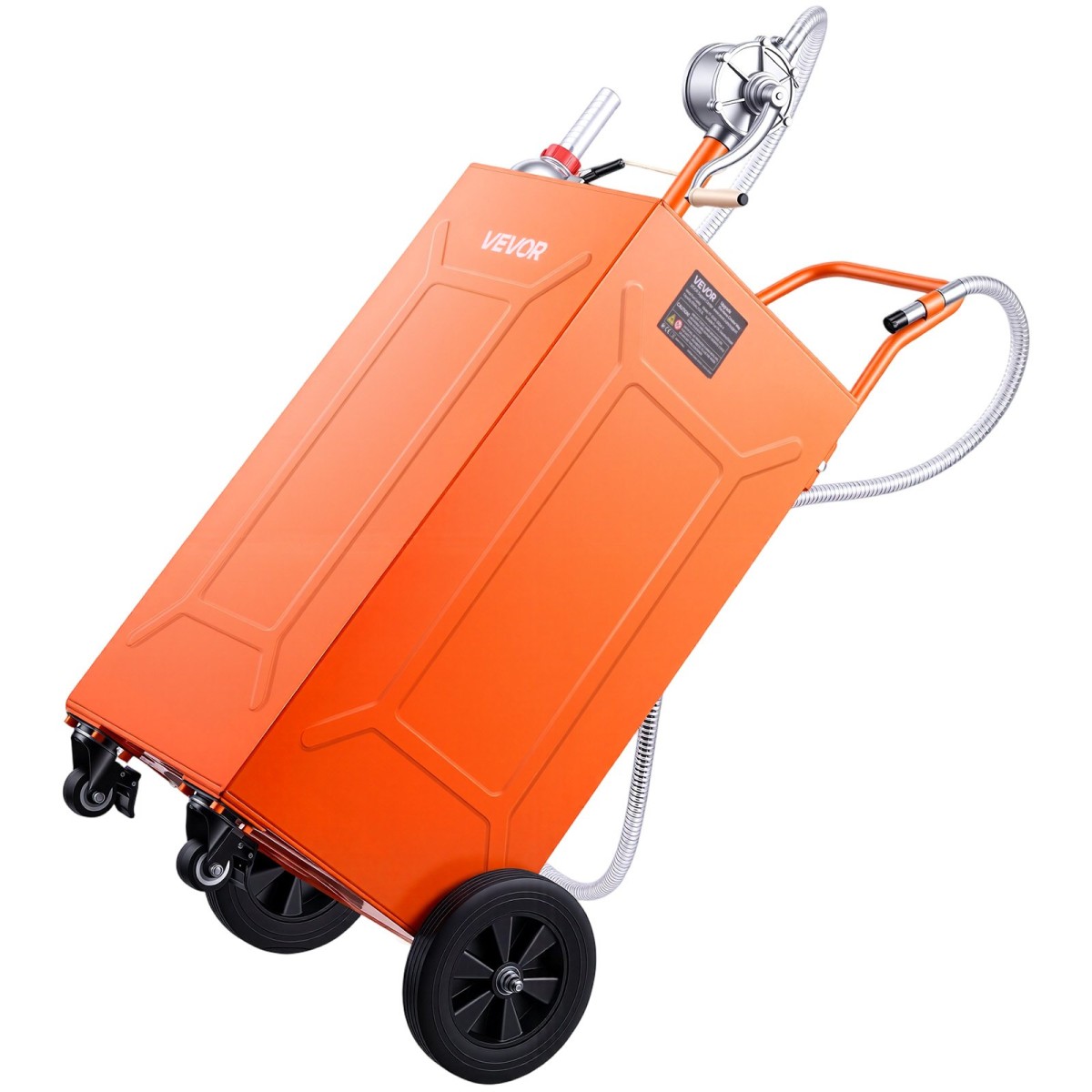 VEVOR 132.5L Fuel Gas Caddy, Carbon Steel, Φορητό δοχείο αποθήκευσης μεταφοράς καυσίμου με χειροκίνητη αντλία και 4 τροχούς, δοχείο βενζίνης ντίζελ, για αυτοκίνητα, χορτοκοπτικά, ATV, σκάφη, μοτοσικλέτες, πορτοκαλί