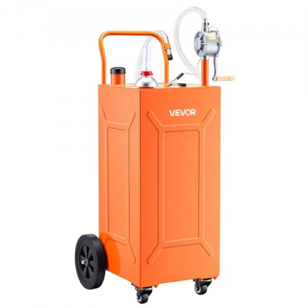 VEVOR 132.5L Fuel Gas Caddy, Carbon Steel, Φορητό δοχείο αποθήκευσης μεταφοράς καυσίμου με χειροκίνητη αντλία και 4 τροχούς, δοχείο βενζίνης ντίζελ, για αυτοκίνητα, χορτοκοπτικά, ATV, σκάφη, μοτοσικλέτες, πορτοκαλί